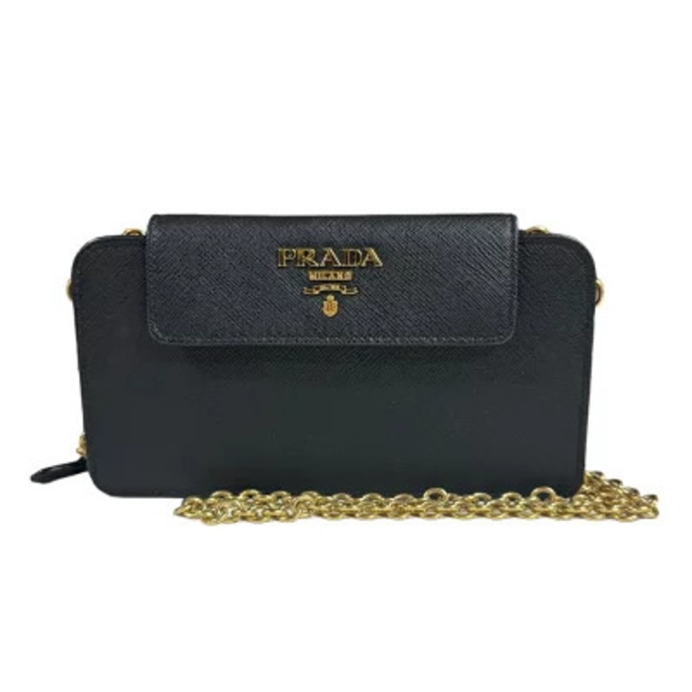 Prada Saffiano Shoulder Bag Leather Black Chain